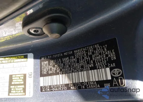 2017 Toyota Corolla Le из США, поврежденный, VIN 2T1BURHE3HC873809